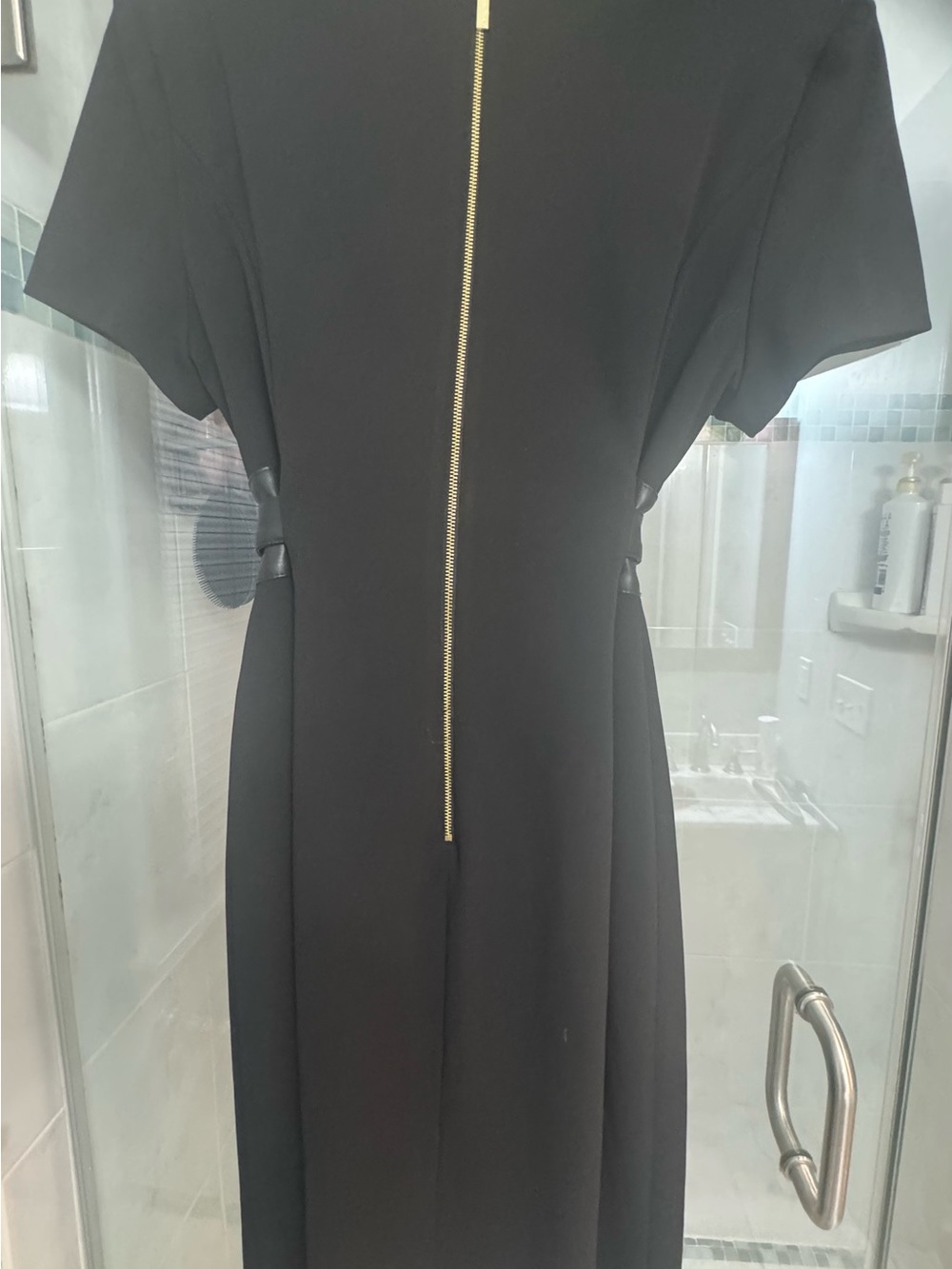 Calvin Klein | Black Short-Sleeve Sheath Dress with Waist Tie - Picture 3 of 7